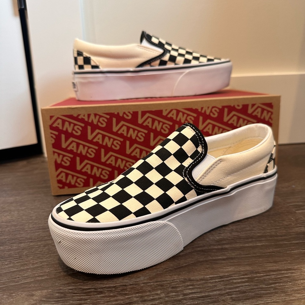 Vans Women's Black and White Checkered Slip-On Shoes stackform